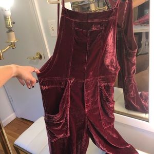 NWOT free people velvet maroon overalls.